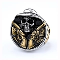 Macro shot of retro pirate skull ring with revolver and poker card details on steel - US 7 / Western Cowboy Skull Dual Revolvers Poker Style (11408) / Two-tone (Gold & Silver)