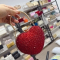 Sparkling red heart-shaped evening clutch bag with diamonds and round gold handle - 14cmx6cmx13cm / Red