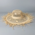 Handwoven straw sun hat with hollow mesh design and frayed brim for beach vacation - M (56-58cm) / Natural