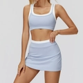 Light blue two-piece yoga set with white trim featuring sports bra and high waist skirt - S / Top And Bottom / Mist Blue