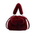 Deep red faux fur plush bucket bag with decorative pom-poms and leather strap - Red