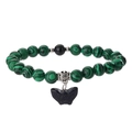 Macro detail of malachite beads and blue glitter butterfly charm on a beaded bracelet - Green Malachite + Blue Sand Stone