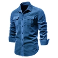 Detail of navy corduroy shirt featuring classic pointed collar and dual flap pockets - 4XL / Denim Blue