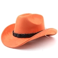 Détail macro du chapeau de cowboy en daim orange avec ruban en cuir tressé noir - M (56-58cm) / Orange