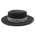 Classic black flat top boater hat with a black and white striped ribbon band - M (56-58cm) / Black