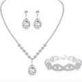 Detailed view of silver bridal jewelry set with teardrop zircons and wave pattern bracelet - 9# Silver Wave Jewelry Set