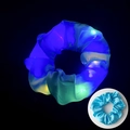 Blue and green LED glowing satin scrunchie with comparison view in daylight - Glowing Light Blue