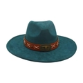 Dark teal wide brim fedora with vintage leather band and western bull head buckle - Dark Green