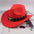 Ethnic style red western cowboy hat with black leather band and silver bull head ornament - Riveted Bull Head / Red