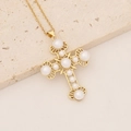 Elegant 18K gold plated cross pendant necklace with inlaid white round pearls on stone - White Pearl Inlaid Cross Style (6#)