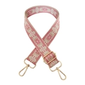 Close-up of ethnic style 3.8cm wide strap with pink floral embroidery and gold metal hooks - Rose Pink on Beige Base