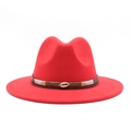 Detail of red wool fedora hat featuring a brown leather band and golden shell buckle - M (56-58cm) / Red