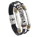 Bracciale multistrato in pelle retrò da uomo con tubo in metallo totem e perline in legno - Pelle/Lega/Legno / Nero