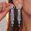 Elegant silver heart earrings featuring long sparkling rhinestone tassels for a luxury look - Silver Heart Long Full Rhinestone Tassel Style (DTE1616921S)