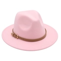 Close-up of pink wool fedora hat featuring a brown leather band and golden buckle detail - M (56-58cm) / Pink (Heart Buckle Belt)