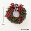 35cm Christmas wreath with red plaid bow, pine cones, and berries on pine branches - 35cm Double Layer Bow Wreath (240g)