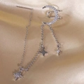 Silver star and moon ear cuff with tassel chain in a stylish integrated single piece - Single Piece / Silver