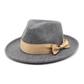 Detail of grey wool fedora hat with a wide champagne gold satin ribbon and side bow - M (56-58cm) / Deep Heather Grey