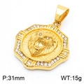 Octagonal gold lion head pendant with sparkling white rhinestones and 31mm diameter - Gold Octagonal Rhinestone Lion Head Pendant (Without Chain) (KP130486-MZOZ)