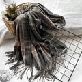 Plaid cashmere-like scarf in dark grey and brown with classic tassels and fringe - Grey Green