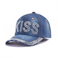 Navy denim baseball cap with rhinestone KISS lettering and studded curved brim - 49-KISS Rhinestone-Dark Blue