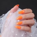 Close-up of glossy bright orange stiletto press-on nails with elegant white pearl mesh - Glossy Orange (JJL-12)