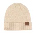 Winter knit beanie in cream beige with a cuffed hem and a snowflake patch detail - Camel