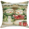 Christmas snowman linen pillow cover with festive watercolor illustration for sofa decor - YMD15-5 (Twin Snowmen Gifts)