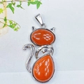 Silver alloy cat pendant necklace featuring orange natural crystal stones on white base - Red Jasper