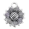 Ciondolo a forma di girasole in argento antico con dettagli di petali su sfondo bianco - Girasole Rotondo 14x19mm