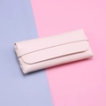 Minimalist light pink leather sunglasses case with woven texture and tuck-in flap closure - White Thick Case without Buckle