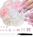 3D pink and white bow nail charms set in flower box with pearls and tweezers - Trending Style 4 (With Tools)