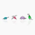 Detail of four dinosaur stud earrings with colorful zircon stones in silver finish - 4-Piece Set - Silver Base Colorful Gems