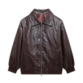 Detail of dark brown PU leather jacket featuring contrast white stitching and zipper - Dark Brown