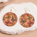 Bohemian cork drop earrings with colorful butterfly print and golden metal hooks - Brown Butterfly Round (9#)