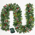 Detailed close-up of 9FT Christmas garland with green pine needles, red berries and pine cones - SGT007 (Without Lights)