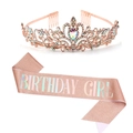 Pink glitter Birthday Girl sash and rose gold rhinestone tiara party accessory set - One Size / Rose Gold Crown + Rose Gold Girl Sash