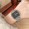 Silver steel strap watch with square black dial and day-date display for women - Silver Case Black Dial