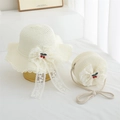 Girl's summer straw hat and matching bag set with lace bow and cherry accents - Cream