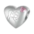 S925 sterling silver heart bead for Mother's Day with pink gem and mother-child silhouette - Motherly Love (BSC827)