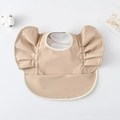 Waterproof beige baby bib with elegant ruffled wings and a large food catcher pocket - Wings - Solid Coffee / One Size