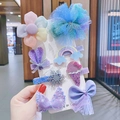 Set of 7 colorful girls' hair clips featuring bows and hearts in candy pink and blue tones - Hair Clip Set (With Cardboard) / Set of 8 / Colorful (14#)