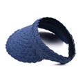 Detail view of blue straw sun visor with wavy weave pattern and internal sweatband - Navy Blue