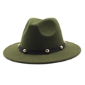 Detail of green wool fedora with black ribbon band and gold metal stud accents - Size M (56-58cm) / Army Green
