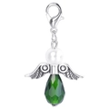Detailed view of silver angel wing pendant with green crystal drop and lobster clasp - Green
