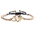 Close-up of adjustable woven bracelet with tri-tone beads and interlocking twin hearts - Double Heart Mixed Color Beads Black Rope