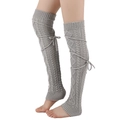 Detail of grey cable knit leg warmers with lace-up bow and ribbed elastic cuffs - One Size / Light Gray