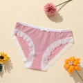 Pink ribbed low waist panties for women with white lace trim and small bow detail - Dark Pink
