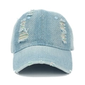 Detail of distressed light blue denim baseball cap with colorful rainbow stitching accents - One Size(Adjustable) / Light Blue