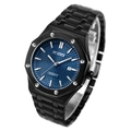 Classic men's business quartz watch with blue checkered dial and black metal strap - Black Blue